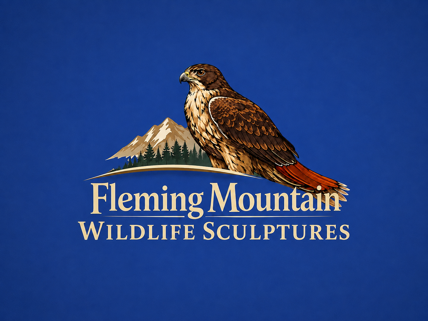 Fleming Mountain Wildlife Sculptures logo with a falcon and mountain landscape