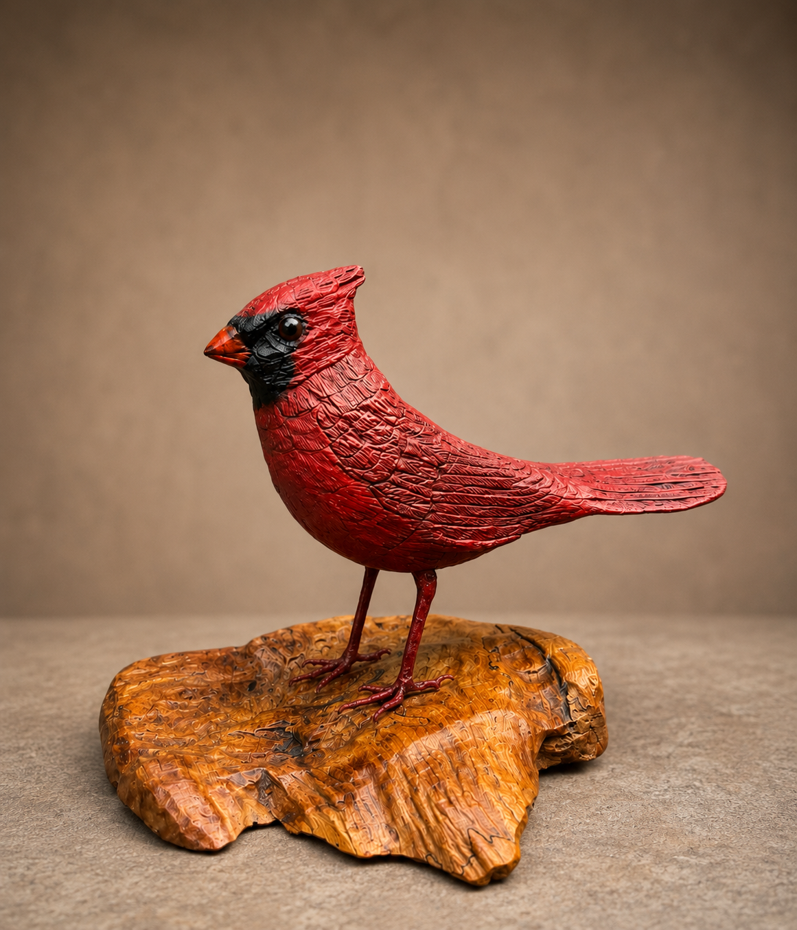 Red cardinal wildlife sculpture on a carved wooden base