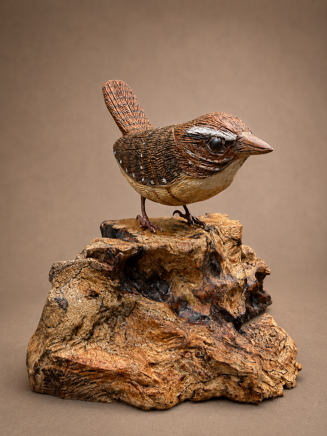 Carolina wren wildlife sculpture on a carved wood base