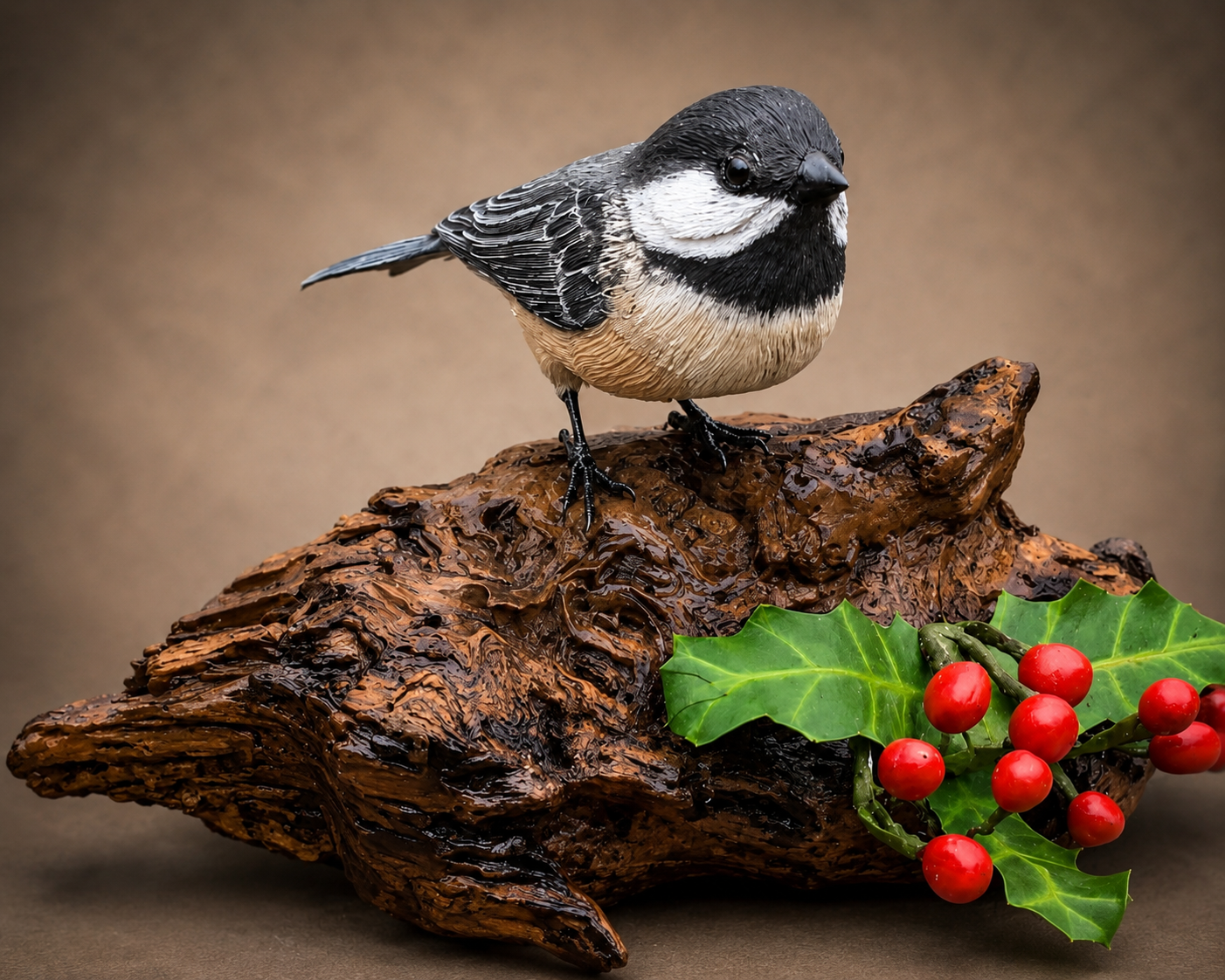 Chickadee wildlife sculpture on a natural wood base with holly leaves and berries