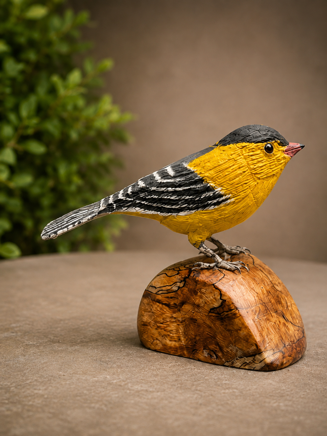 Goldfinch wildlife sculpture on a carved wooden base