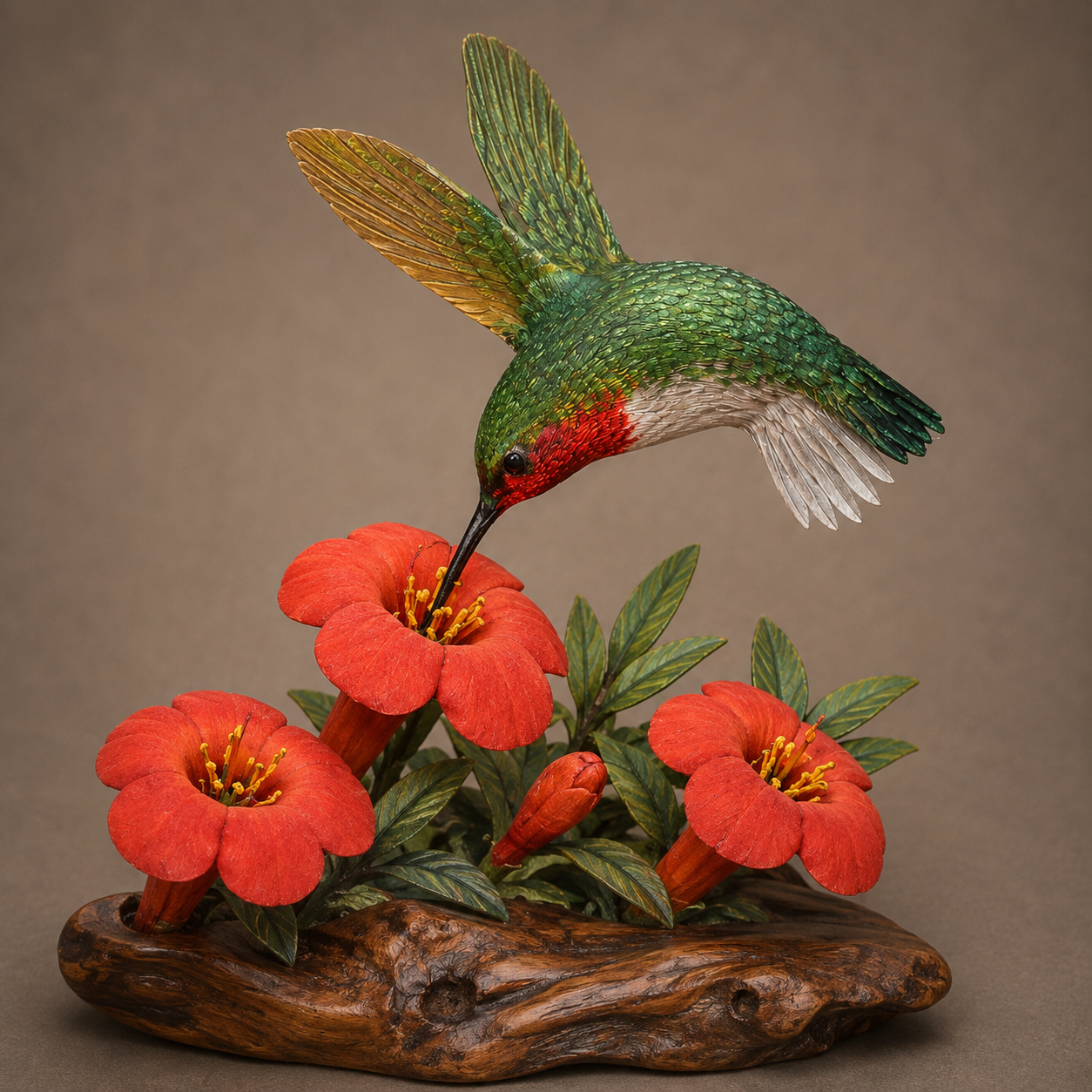 Hummingbird wildlife sculpture feeding from red flowers
