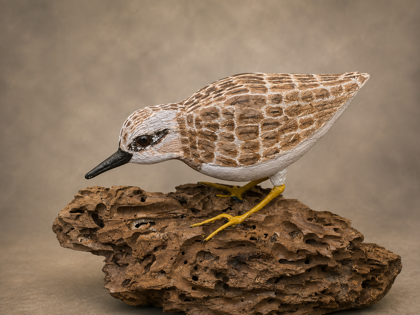 Least sandpiper wildlife sculpture on a textured natural base