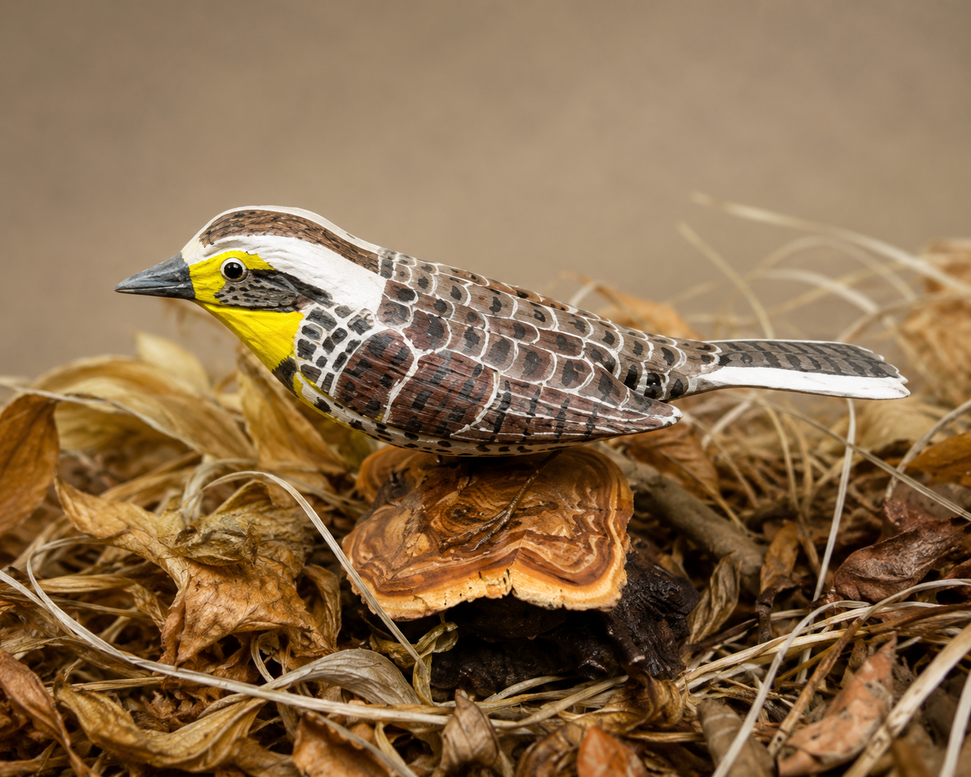 Meadowlark wildlife sculpture among dried foliage and mushrooms
