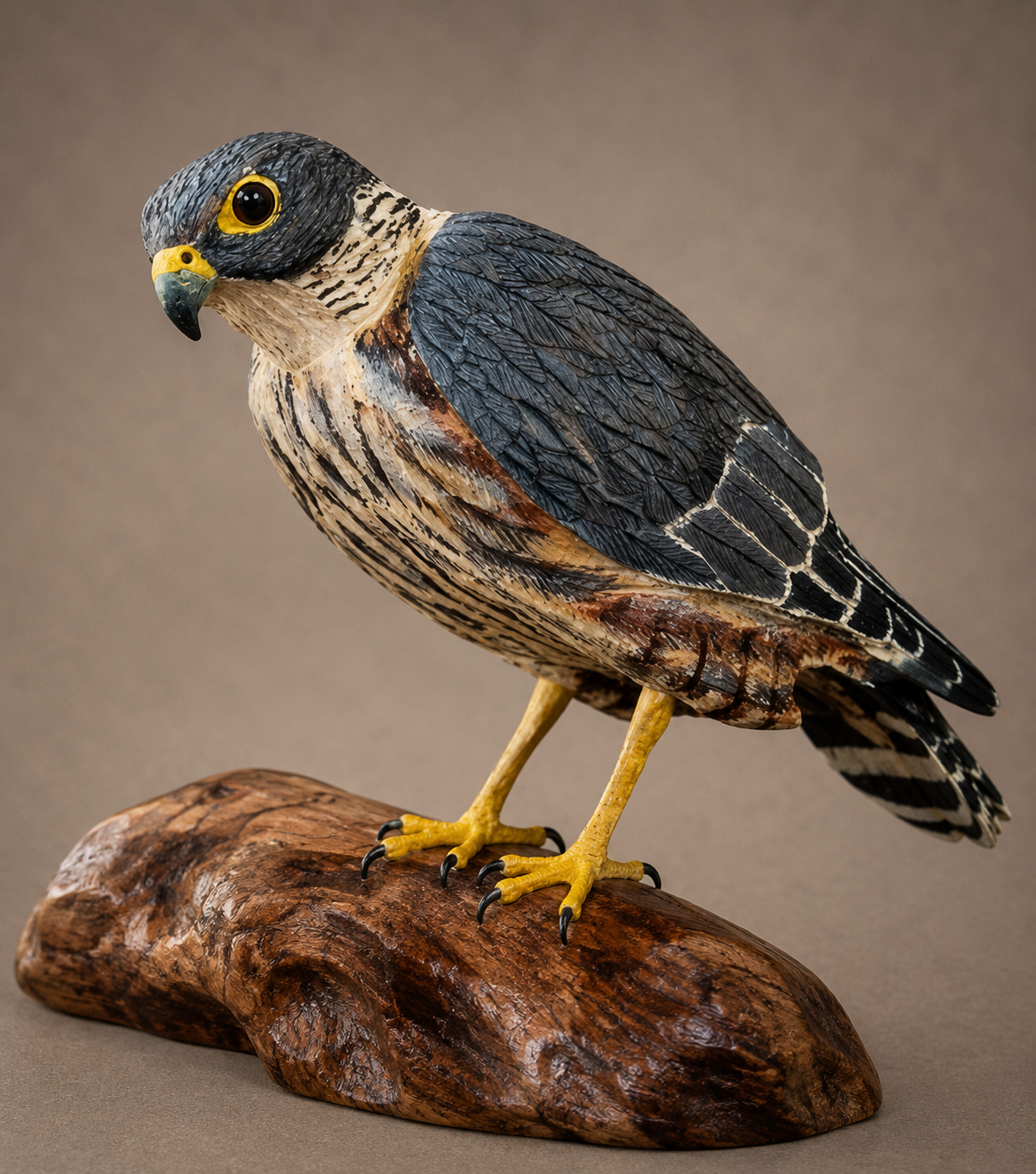 Merlin wildlife sculpture on a polished wooden base