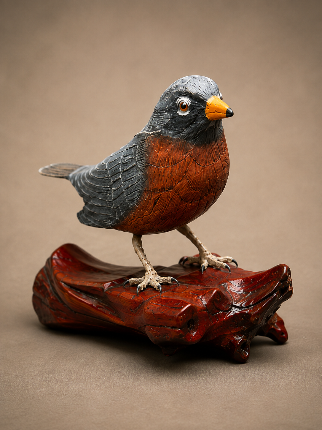 Robin wildlife sculpture on a polished wooden base