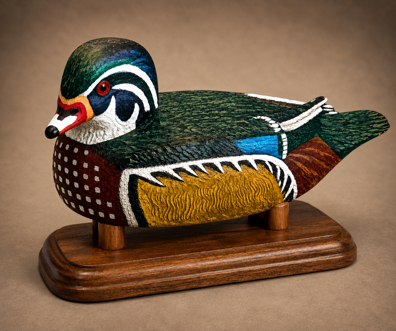 Wood duck wildlife sculpture on a polished wooden display base